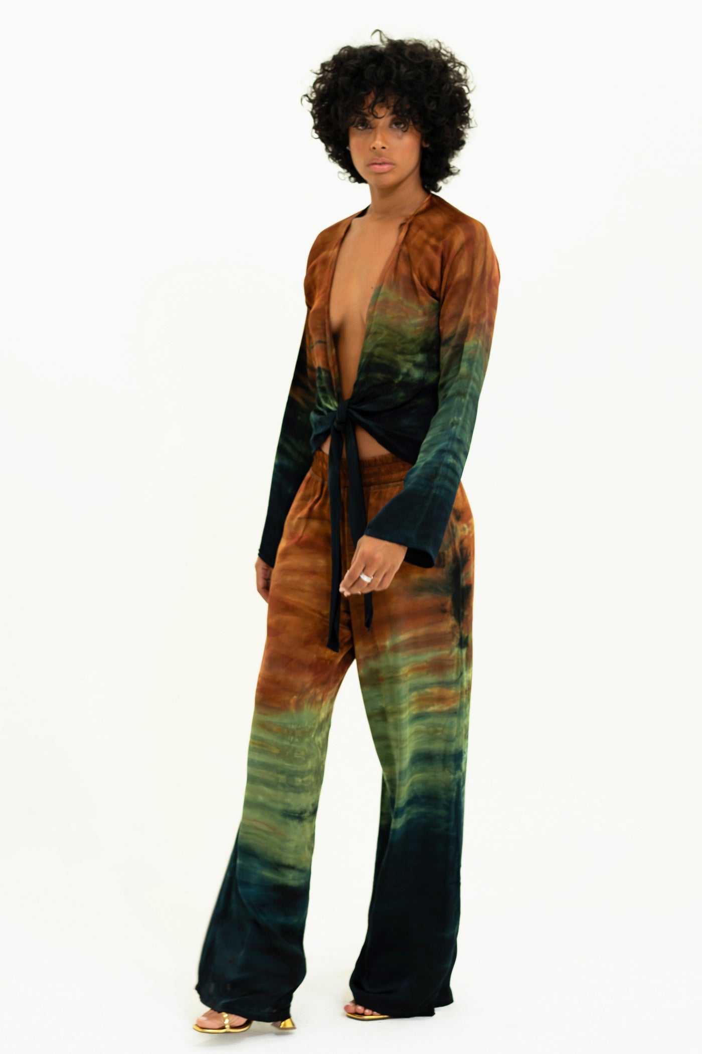 Front view of model styled in Desert Monaco Pant and top set, emphasizing the unique tie-dye and comfortable design.