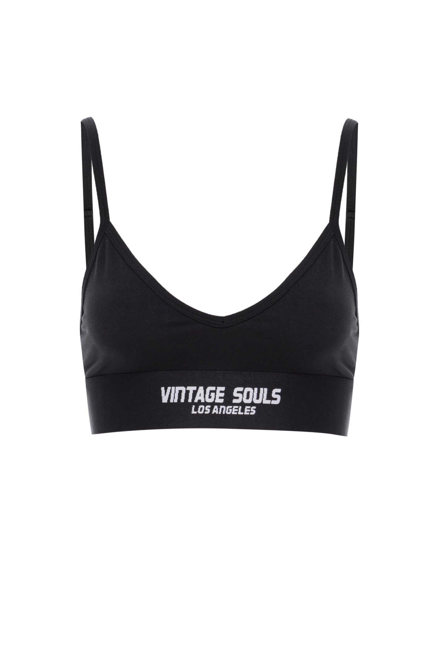 Black Active Bra with embellished logo band, made from high-quality performance fabric, handcrafted in LA