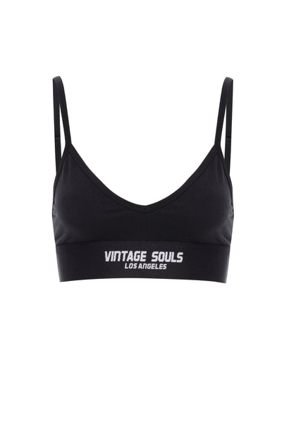 Black Active Bra with embellished logo band, made from high-quality performance fabric, handcrafted in LA