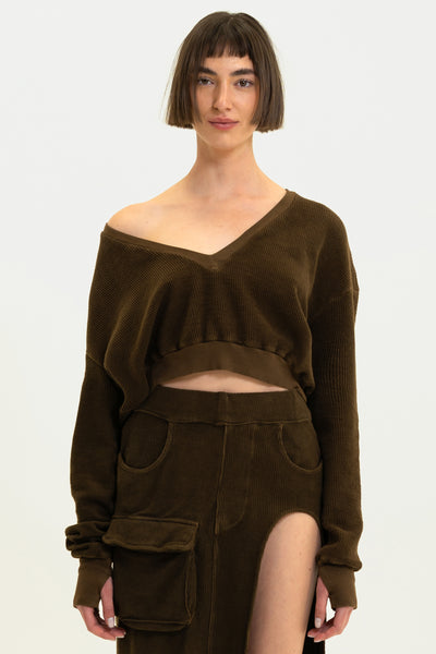 Espresso Aspen Pullover with deep V-neck, crafted from plush corded terry, offering a unique texture and cozy elegance.