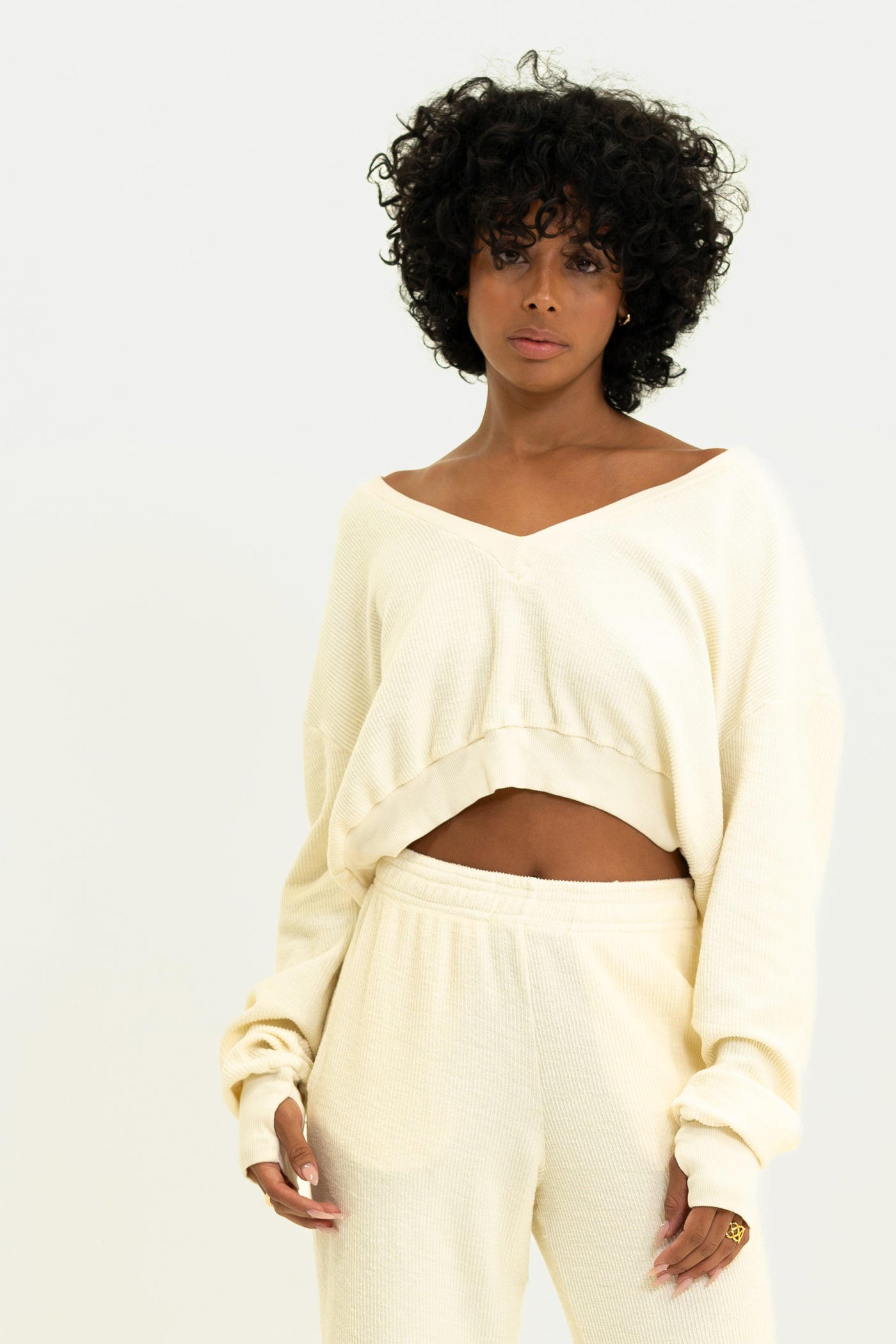 Winter White Aspen Pullover with a deep V-neck, in luxurious corded terry fabric, offering a soft touch and elegant style.