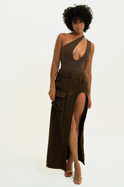 Espresso Aspen Cargo Skirt with cargo pocket, high leg slit, crafted from soft corded terry fabric.