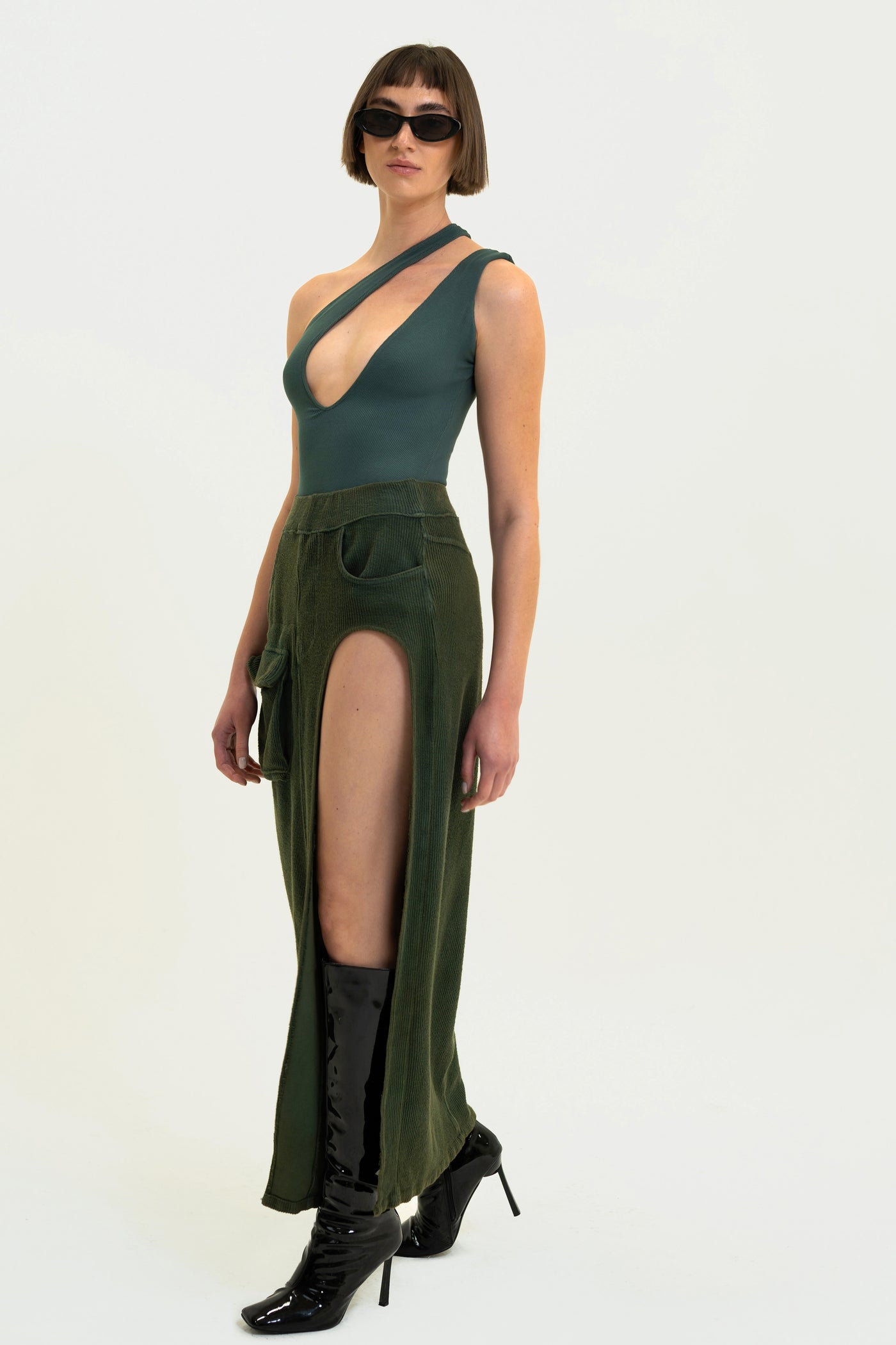 Model showcasing Olive Aspen Cargo Skirt. Made in the USA