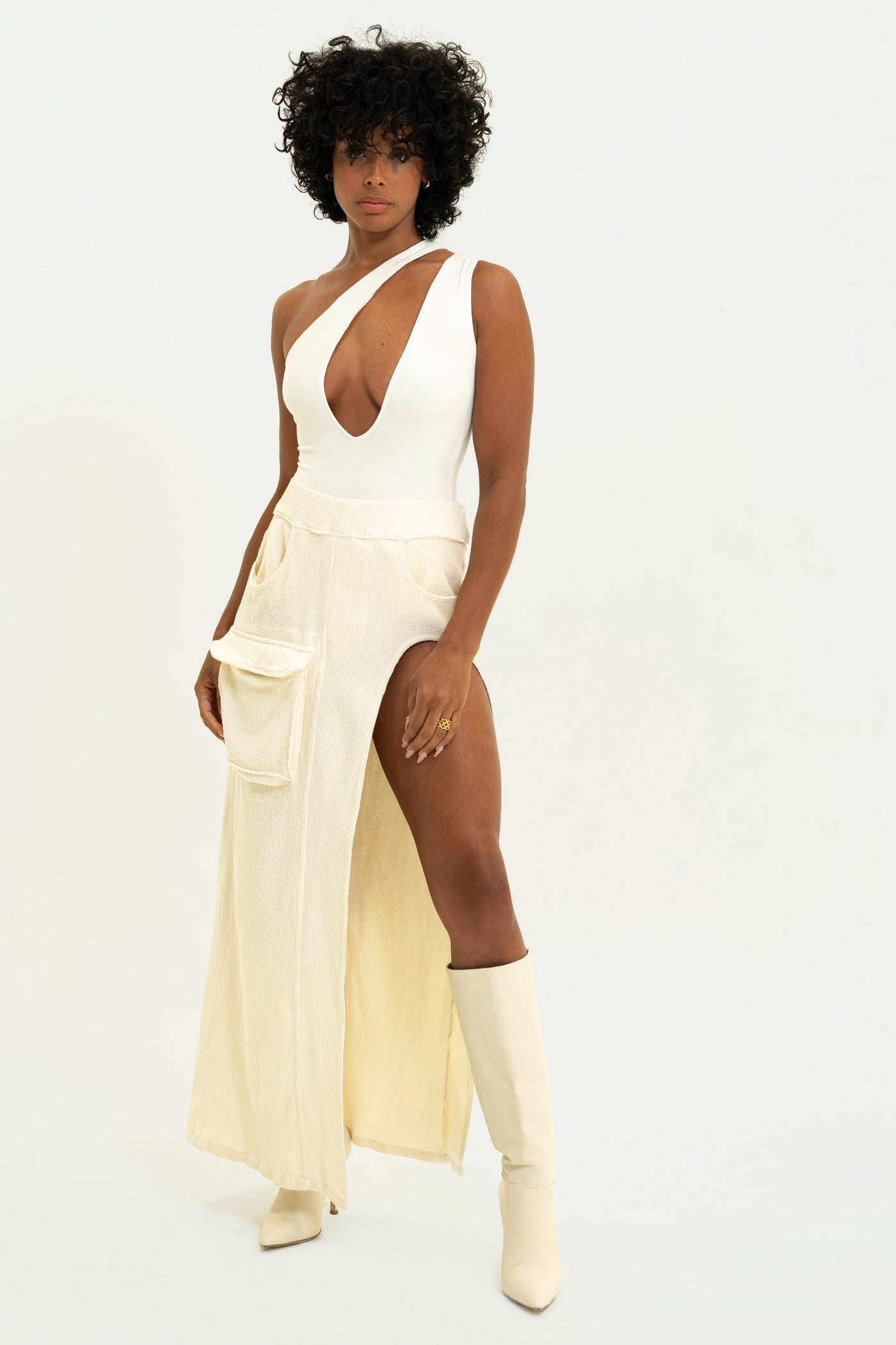 White Aspen Cargo Skirt with unique cargo pocket, high leg slit, in comfortable corded terry.