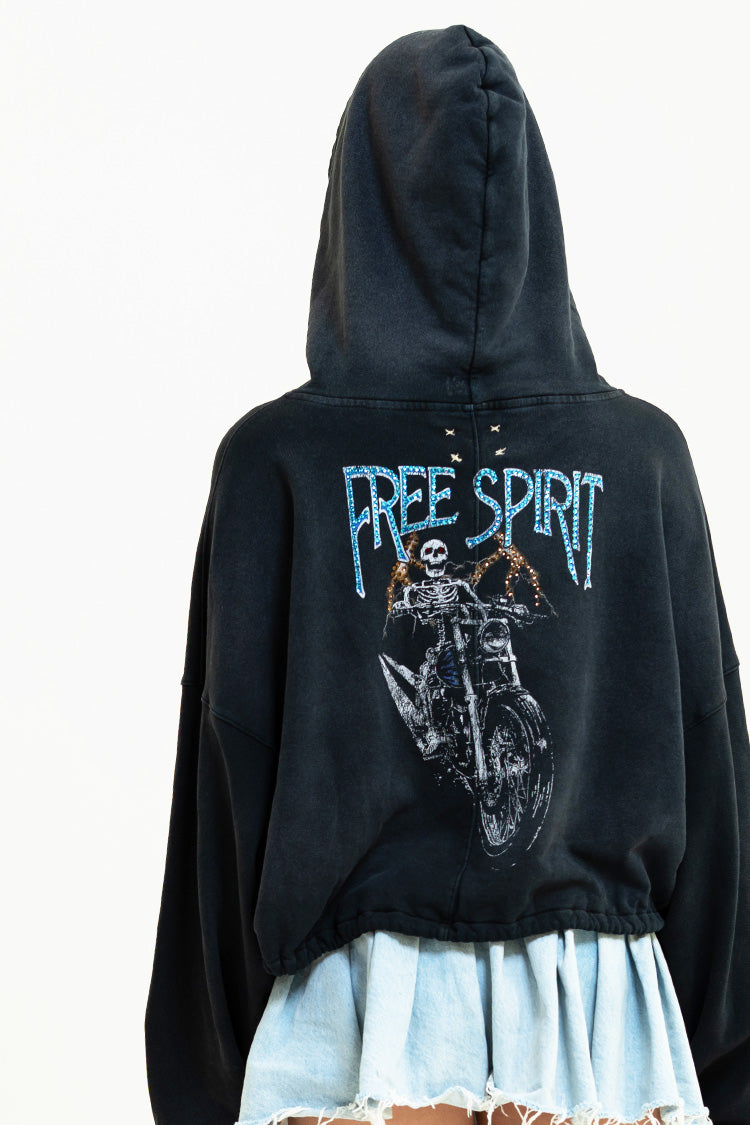 Model showcasing the back of the Free Spirit Flashdance Hoodie | Vintage Graphics