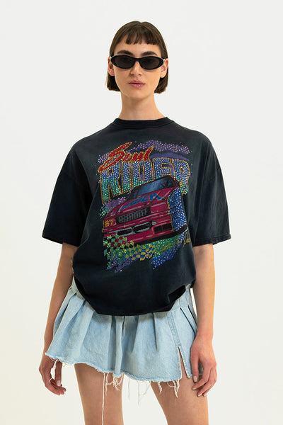 Embellished Soul Rider Tee with vintage race car graphic and crystal details, showcasing a relaxed, oversized fit.