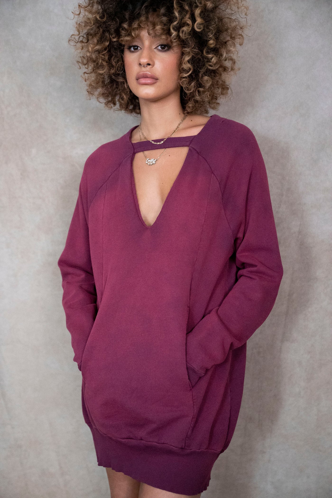 Model showcasing Vintage Souls Jewel Sweater Dress in Washed Eggplant | Luxury Loungewear