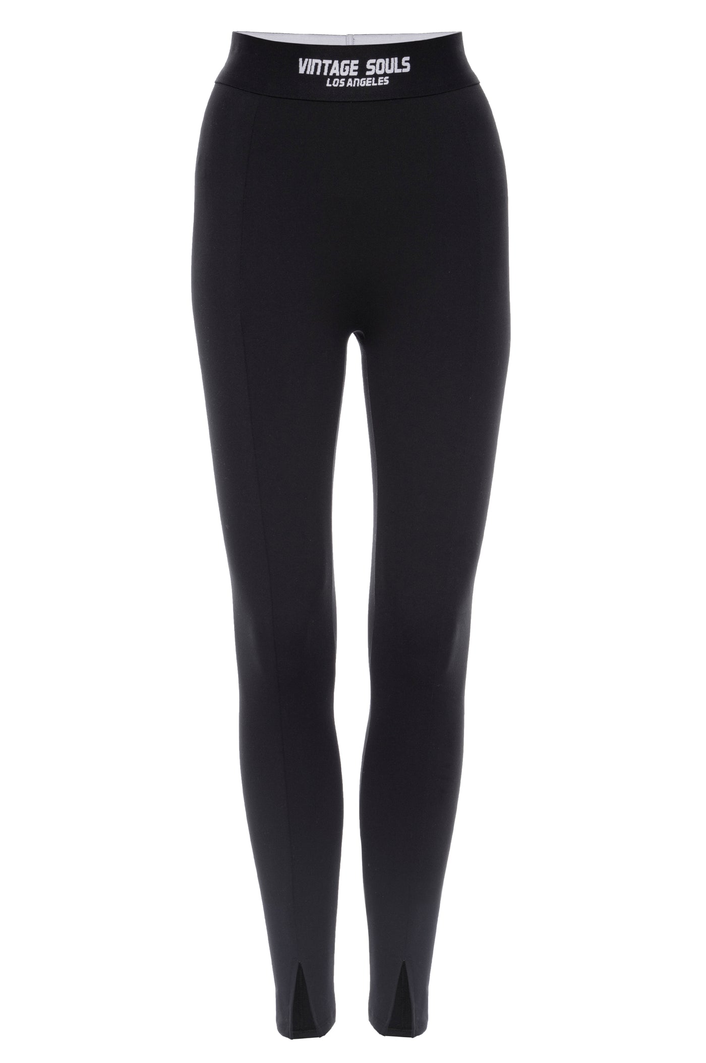 Black Active Leggings with embellished logo waistband and split hem detail, crafted in LA from quality performance fabric.