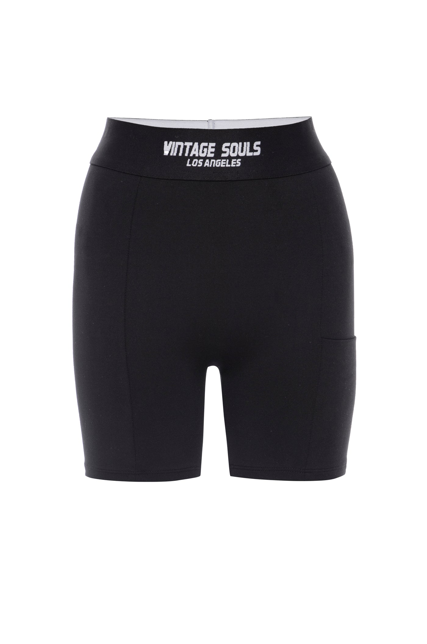 Black Active Biker Shorts with logo waistband and side pocket, crafted in LA from quality performance fabric.